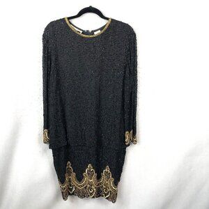 Vintage Beaded Formal Dress Womens Medium Black Gold 100% Silk Heavy Occasion
